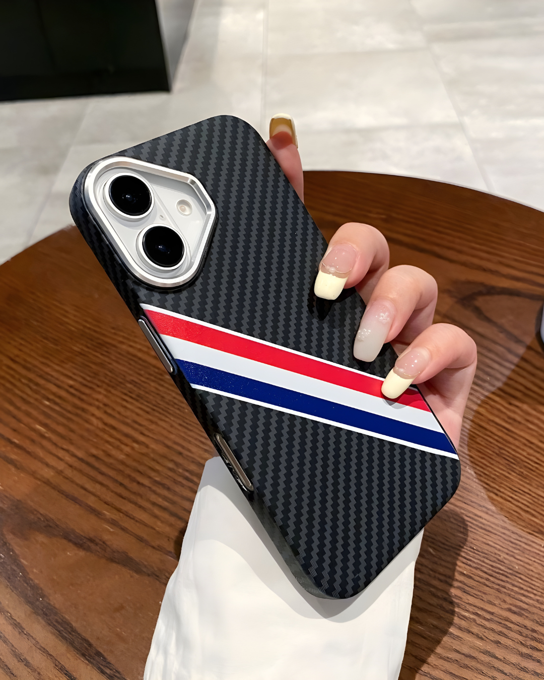 Carbon Fiber Tricolor Racing Stripe Phone Case – Bold & Sporty Design