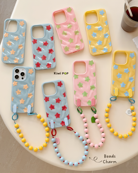 Whimsical 3D Star Pattern Phone Case with Beaded Charm – Multiple Colors