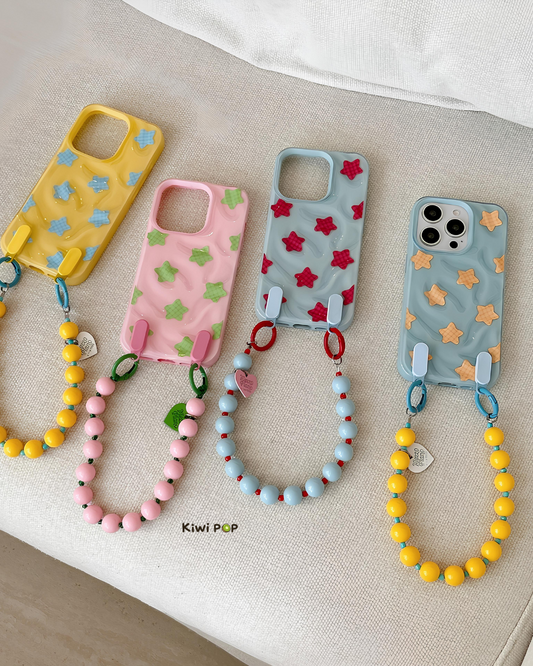 Whimsical 3D Star Pattern Phone Case with Beaded Charm – Multiple Colors