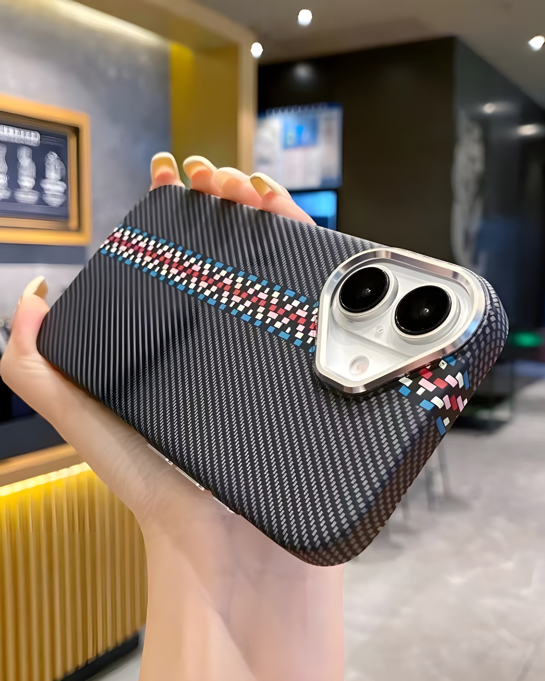 Carbon Fiber Texture iPhone Case with Mosaic Stripe – Shockproof & Stylish Design